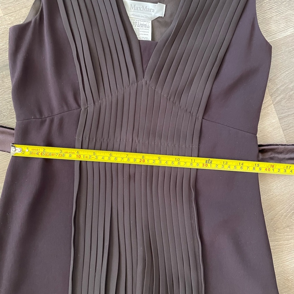 Max Mara Espresso Brown Pleated Fit and Flare Dress Velvet Sash Tie Midi 40 8 - Picture 9 of 13